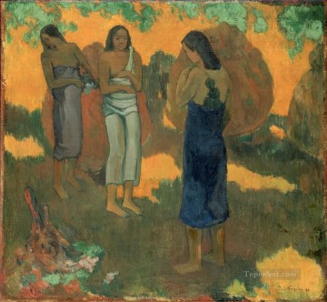 黄色の背景に 3 人のタヒチ女性 ポスト印象派 原始主義 ポール・ゴーギャン Oil Paintings